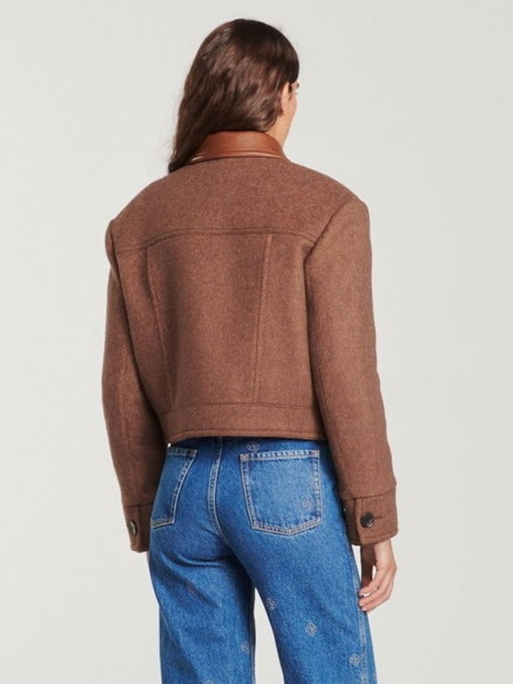 Sandro King Cropped Wool Twill Jacket Leather Collar - Picture 3 of 13